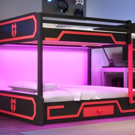 Queen over Queen Bunk Bed with LED Light Strip, Drawer and Ladder