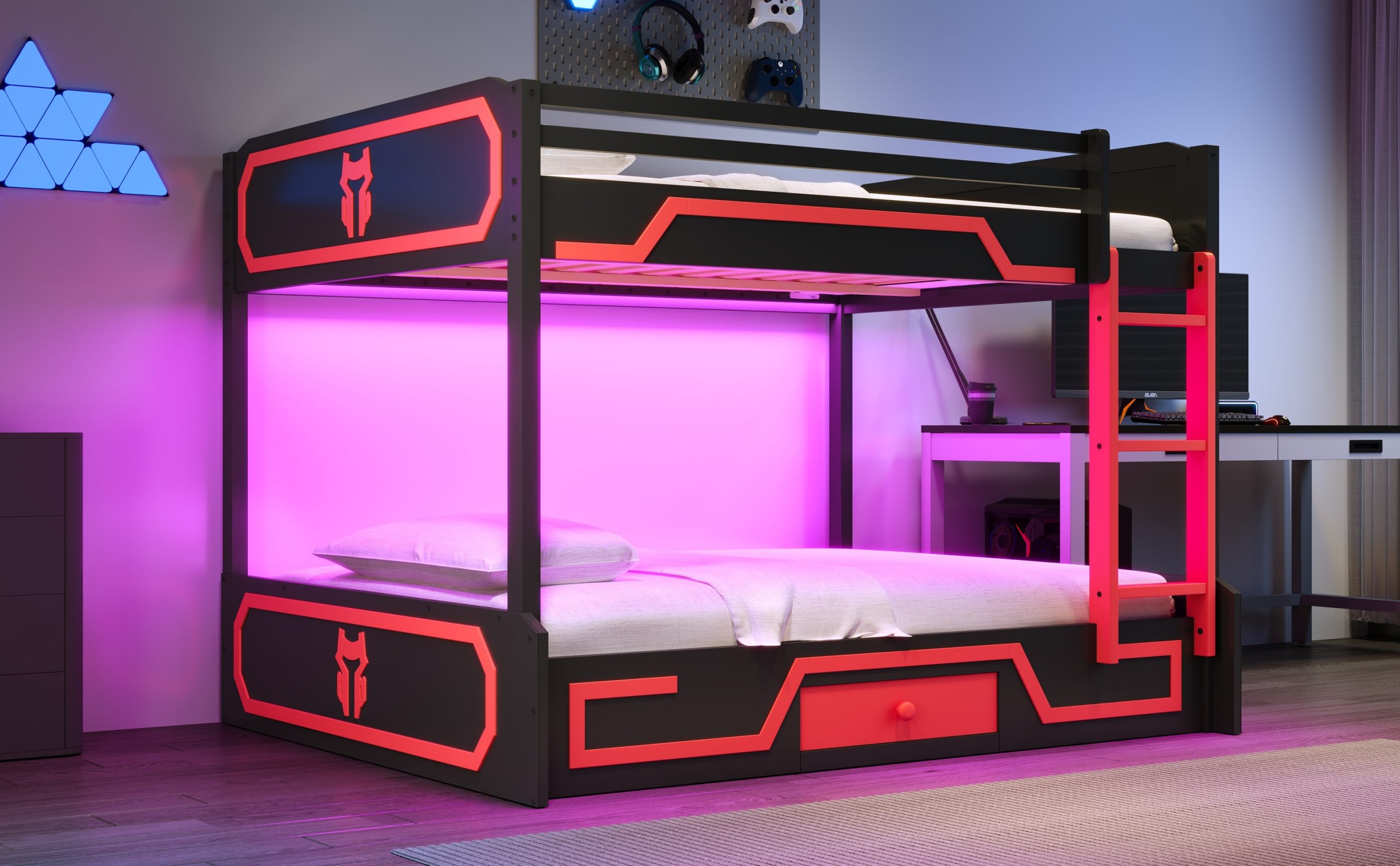 Queen over Queen Bunk Bed with LED Light Strip, Drawer and Ladder