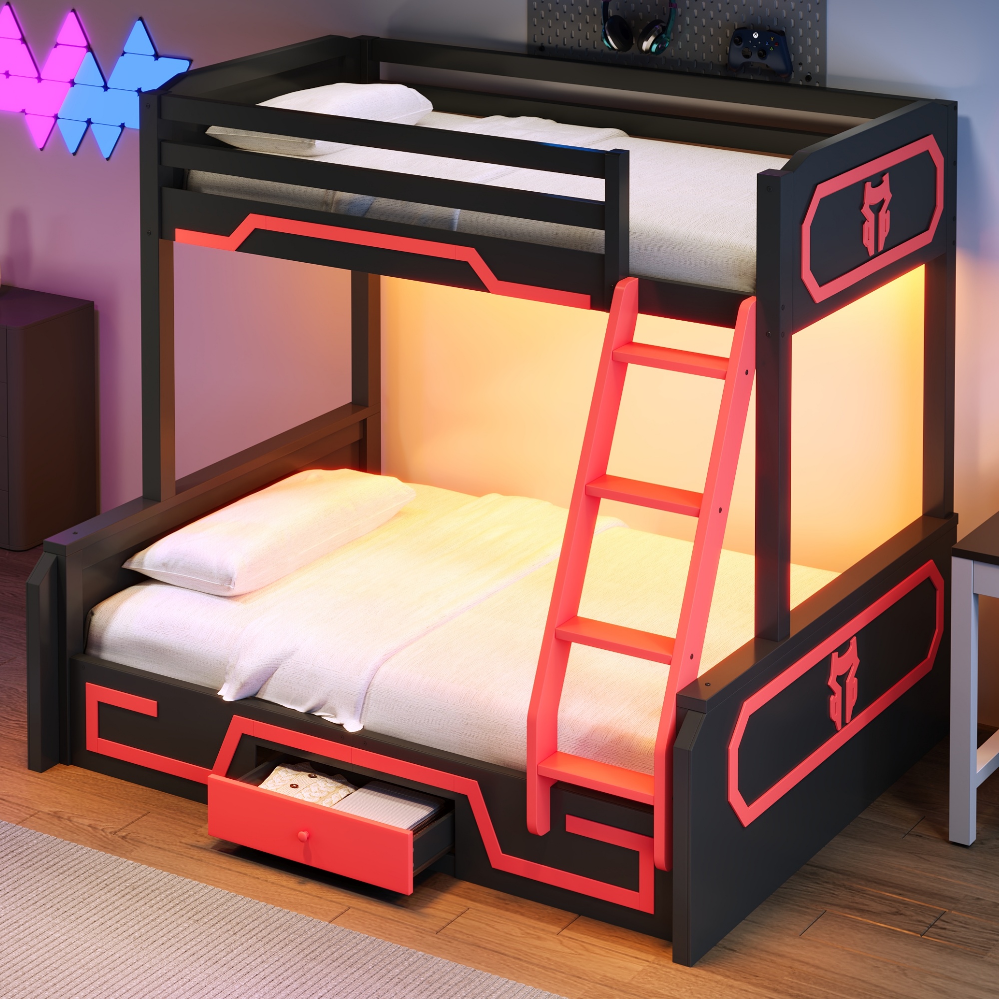 Twin over Full Bunk Bed with LED Light Strip, Drawer and Ladder