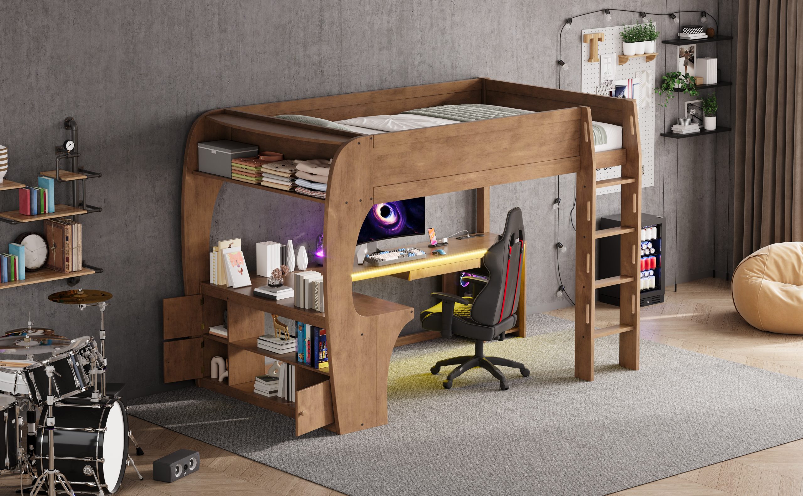Full Size Loft Bed with L- Shape Desk, Storage Shelves, LED and Charging Station