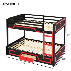 Full over Full Bunk Bed with LED Light Strip, Drawer and Ladder