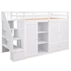 Functional Twin Size Loft Bed with 3 Shelves, 2 Wardrobes and 2 Drawers