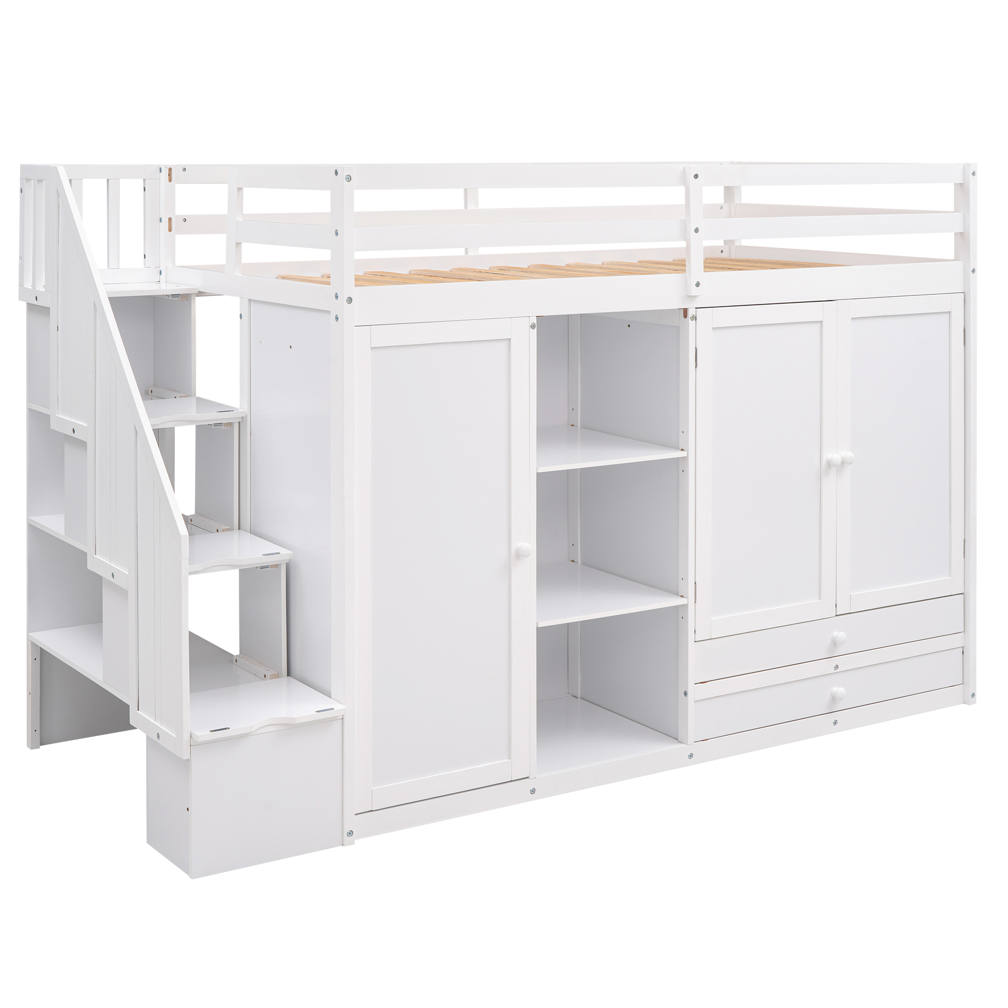 Functional Twin Size Loft Bed with 3 Shelves, 2 Wardrobes and 2 Drawers