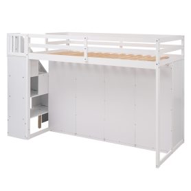 Functional Twin Size Loft Bed with 3 Shelves, 2 Wardrobes and 2 Drawers