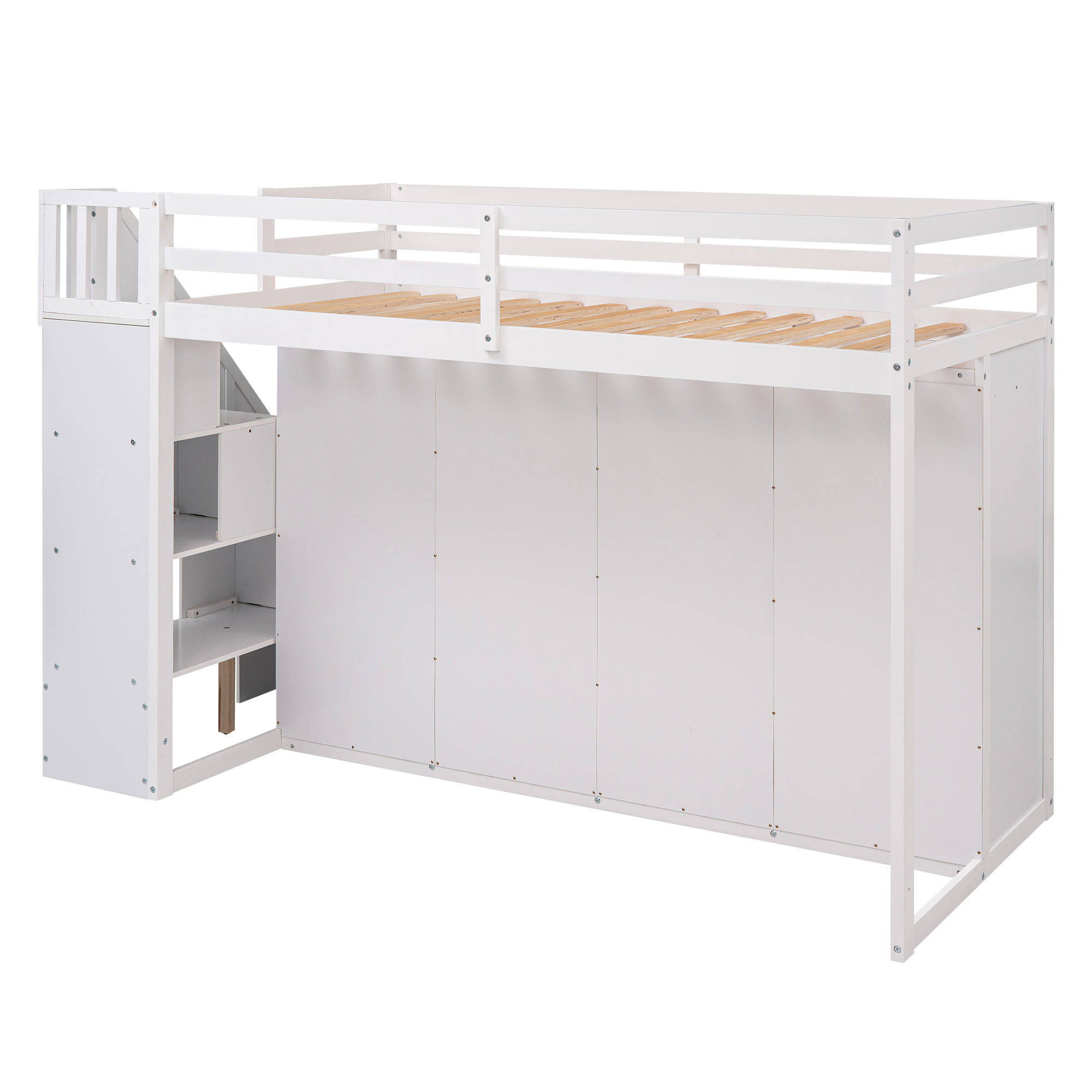 Functional Twin Size Loft Bed with 3 Shelves, 2 Wardrobes and 2 Drawers