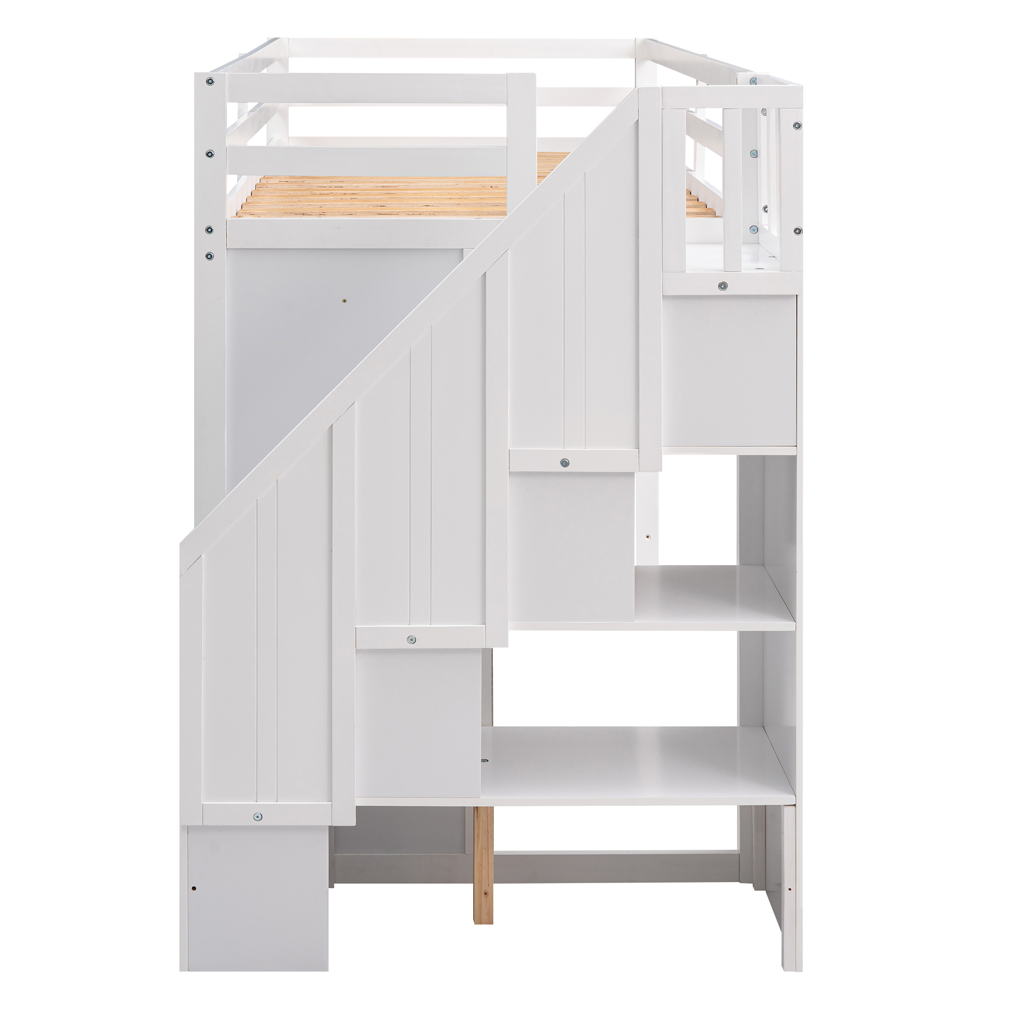 Functional Twin Size Loft Bed with 3 Shelves, 2 Wardrobes and 2 Drawers