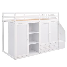 Functional Twin Size Loft Bed with 3 Shelves, 2 Wardrobes and 2 Drawers