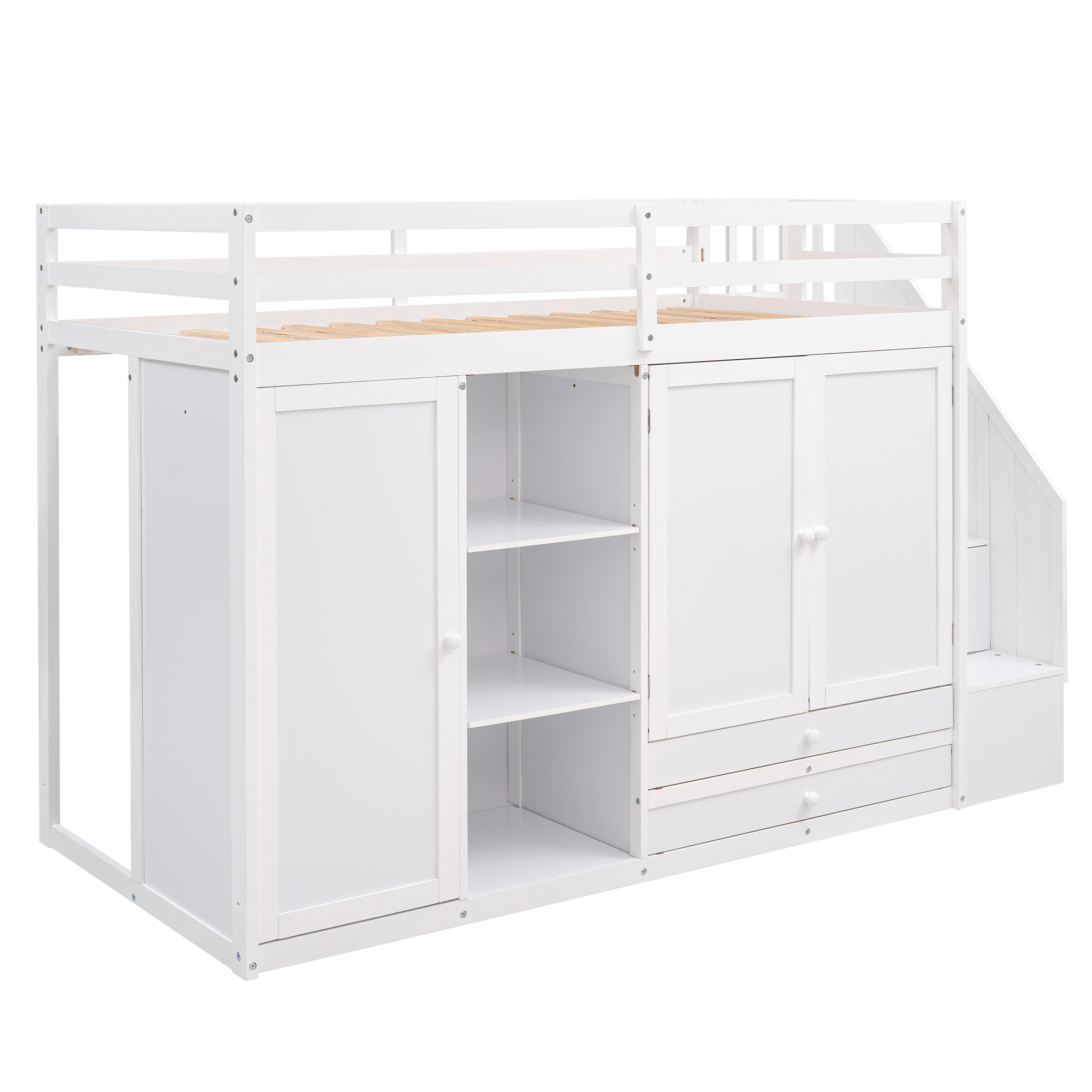 Functional Twin Size Loft Bed with 3 Shelves, 2 Wardrobes and 2 Drawers