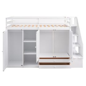 Functional Twin Size Loft Bed with 3 Shelves, 2 Wardrobes and 2 Drawers
