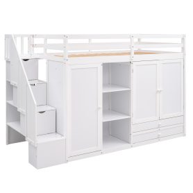 Functional Twin Size Loft Bed with 3 Shelves, 2 Wardrobes and 2 Drawers
