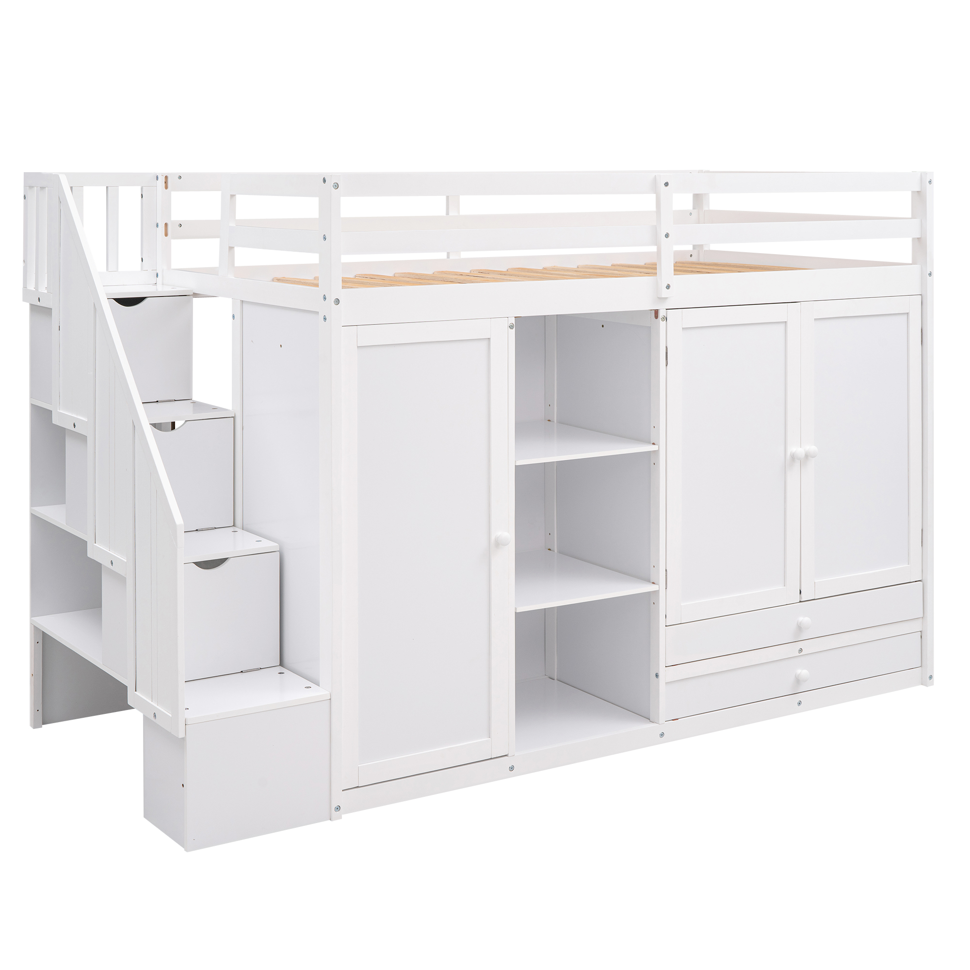 Functional Twin Size Loft Bed with 3 Shelves, 2 Wardrobes and 2 Drawers