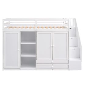 Functional Twin Size Loft Bed with 3 Shelves, 2 Wardrobes and 2 Drawers