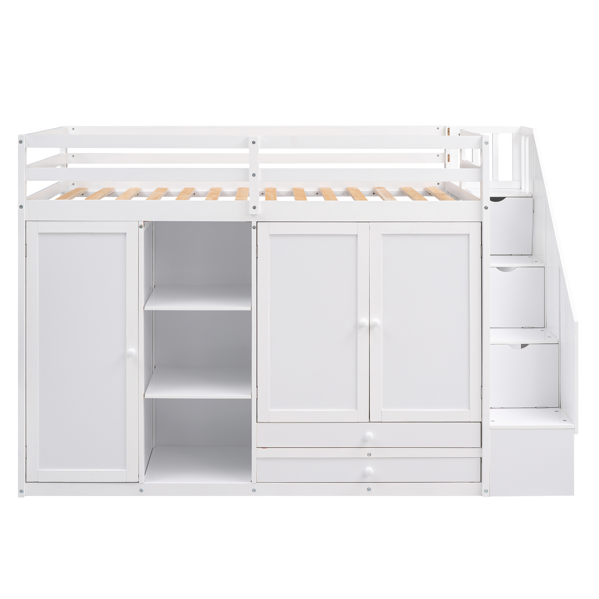 Functional Twin Size Loft Bed with 3 Shelves, 2 Wardrobes and 2 Drawers