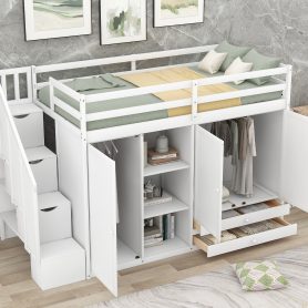 Functional Twin Size Loft Bed with 3 Shelves, 2 Wardrobes and 2 Drawers