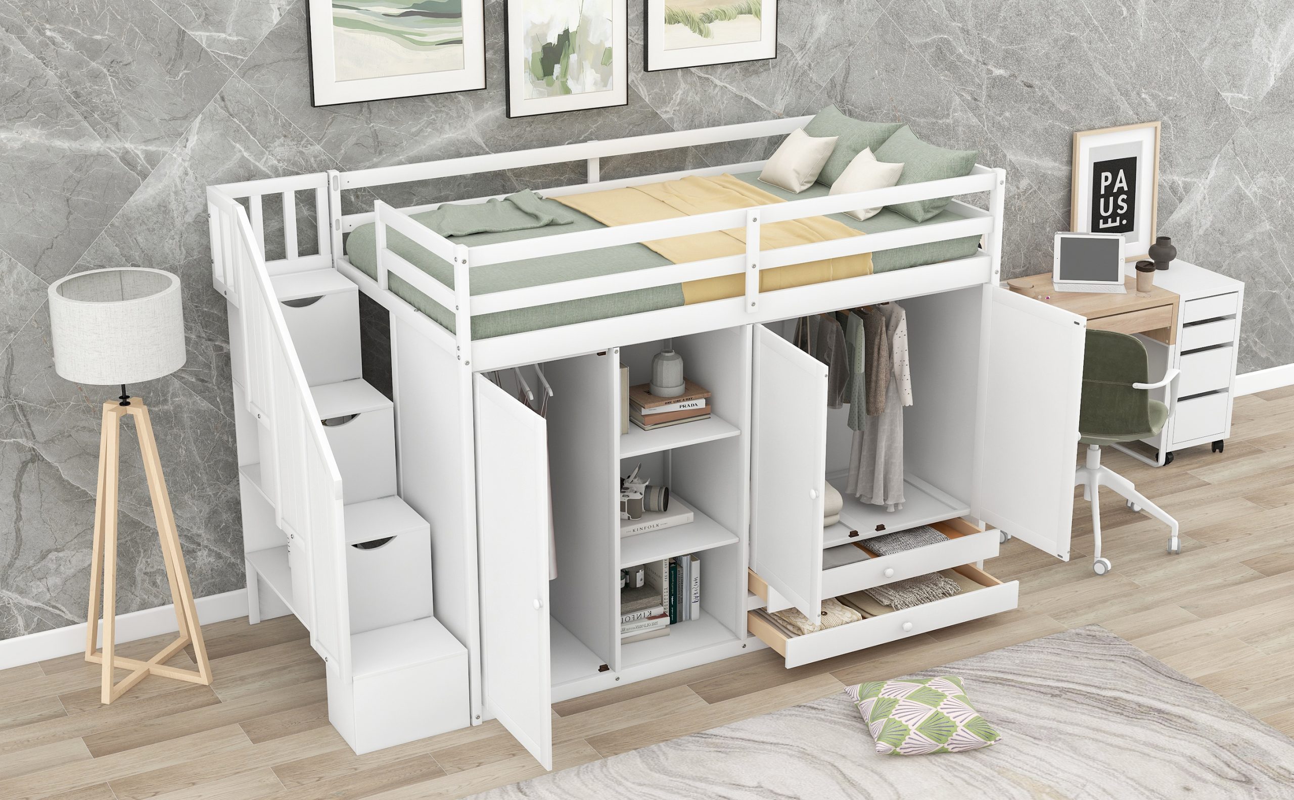 Functional Twin Size Loft Bed with 3 Shelves, 2 Wardrobes and 2 Drawers