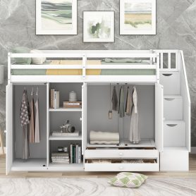 Functional Twin Size Loft Bed with 3 Shelves, 2 Wardrobes and 2 Drawers