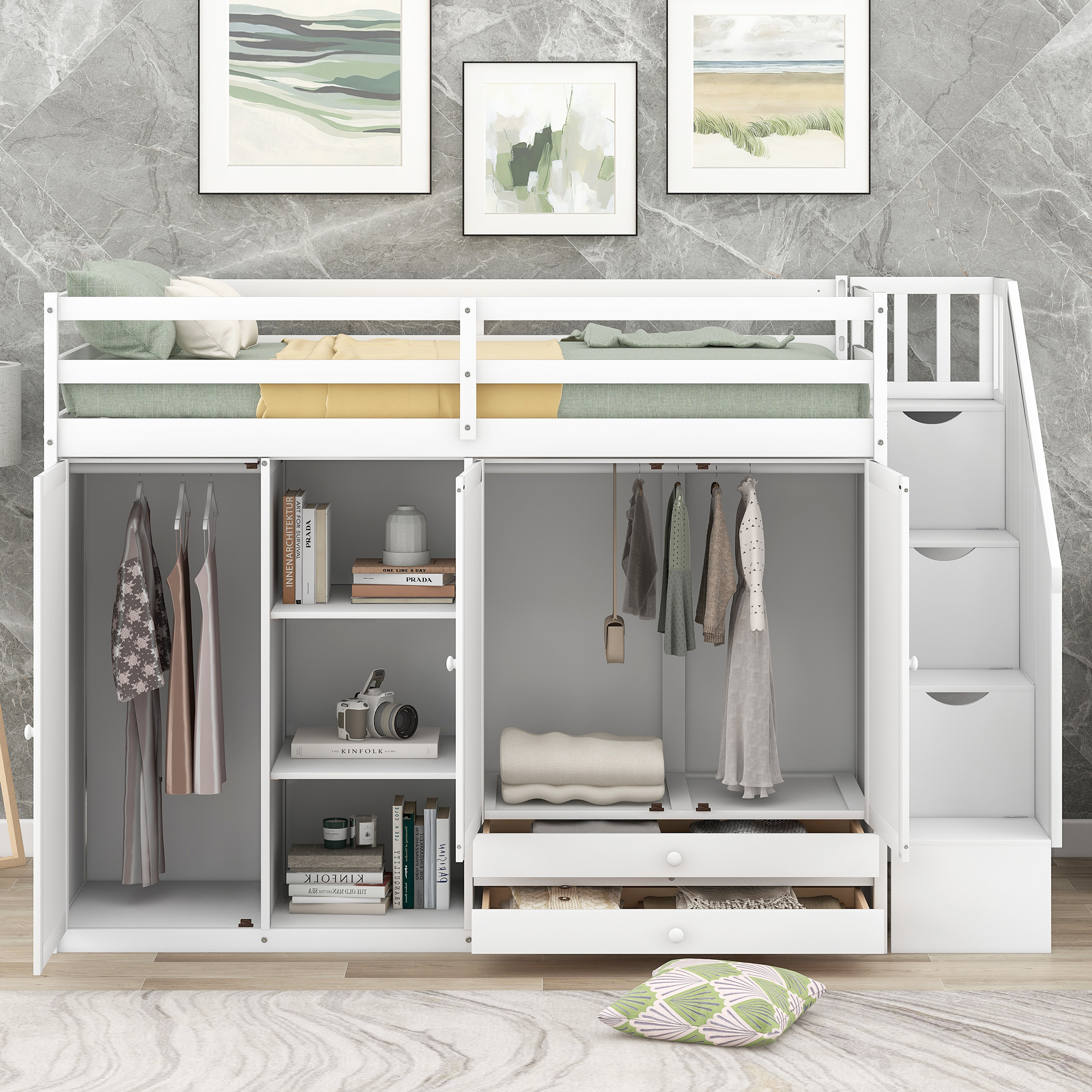 Functional Twin Size Loft Bed with 3 Shelves, 2 Wardrobes and 2 Drawers