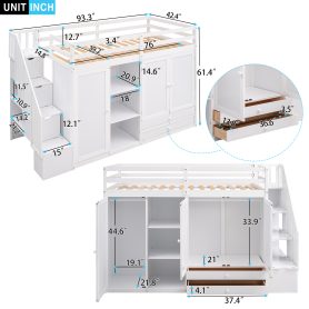Functional Twin Size Loft Bed with 3 Shelves, 2 Wardrobes and 2 Drawers