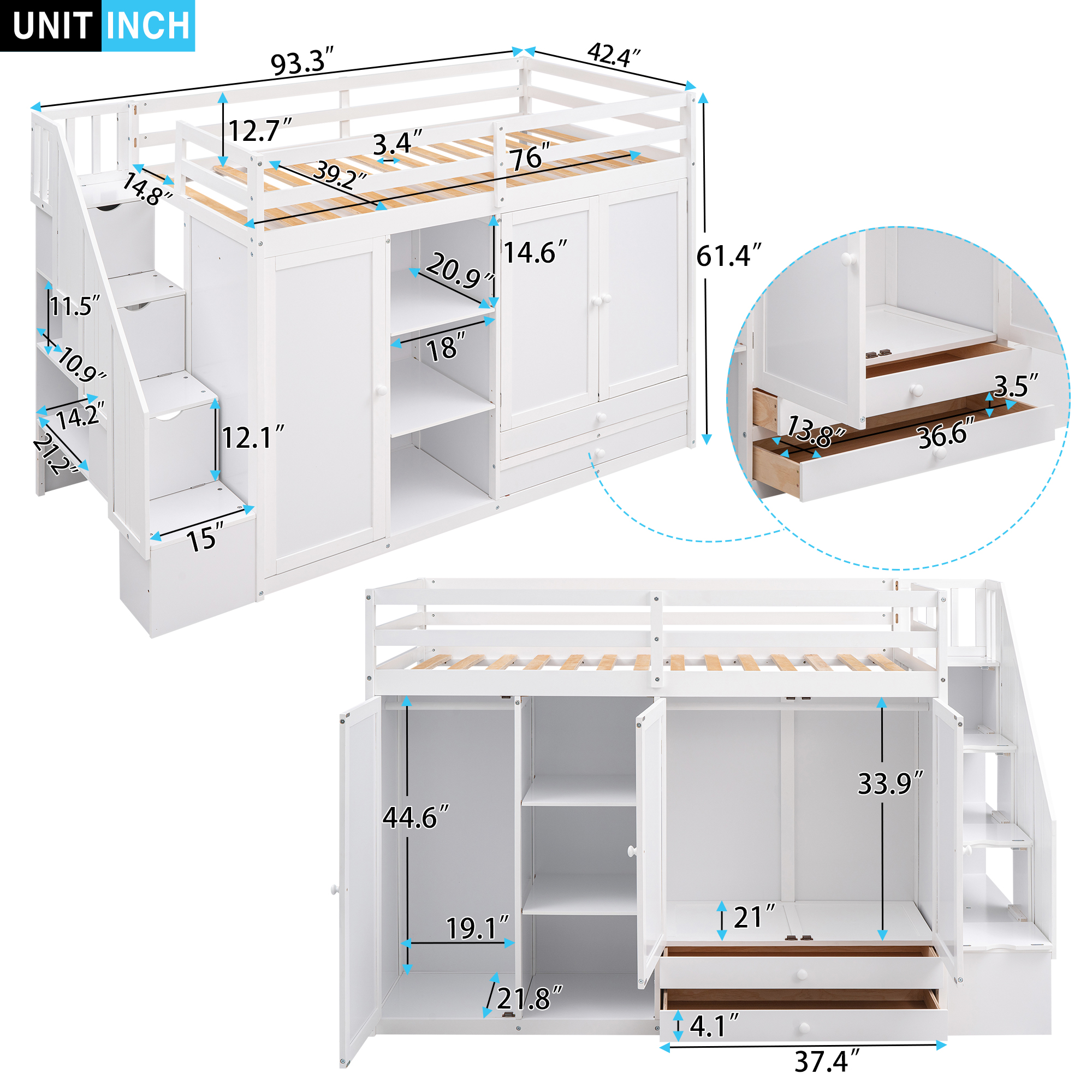 Functional Twin Size Loft Bed with 3 Shelves, 2 Wardrobes and 2 Drawers
