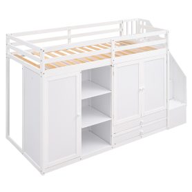 Functional Twin Size Loft Bed with 3 Shelves, 2 Wardrobes and 2 Drawers