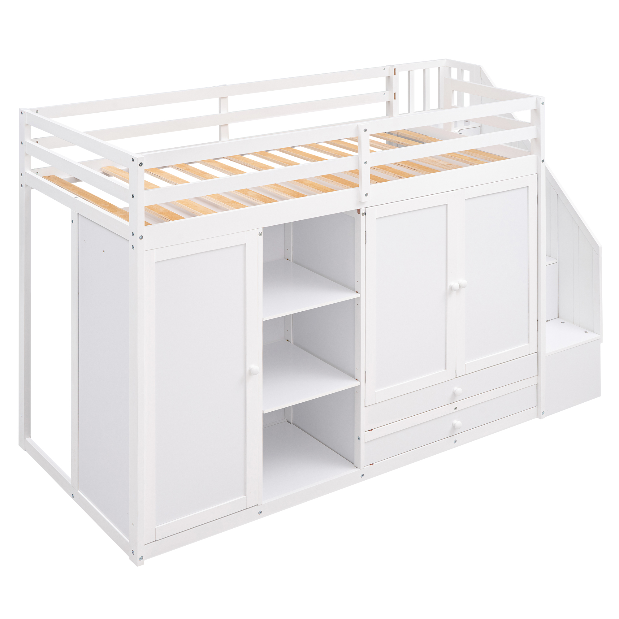 Functional Twin Size Loft Bed with 3 Shelves, 2 Wardrobes and 2 Drawers
