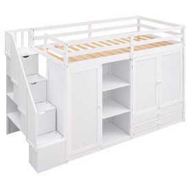 Functional Twin Size Loft Bed with 3 Shelves, 2 Wardrobes and 2 Drawers