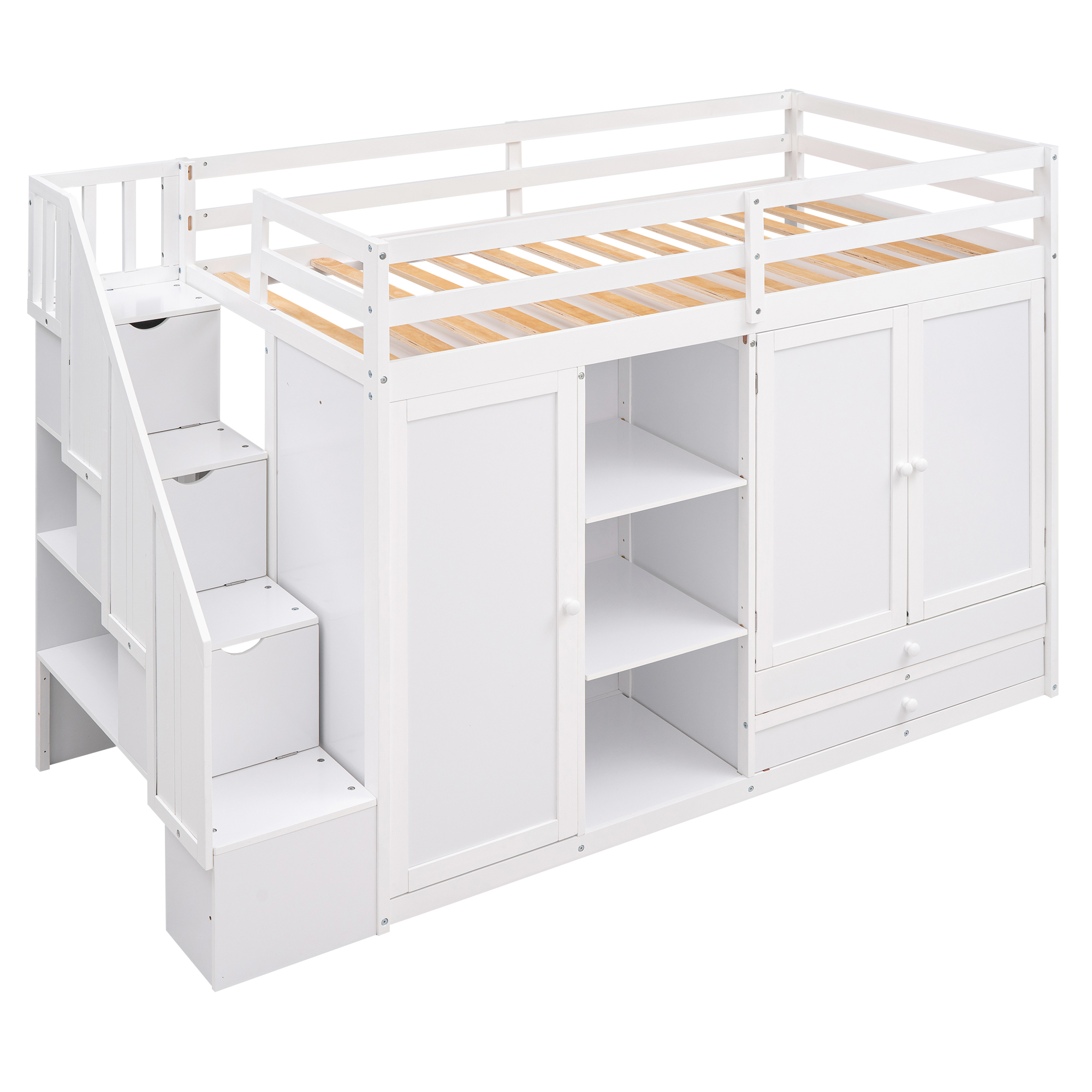 Functional Twin Size Loft Bed with 3 Shelves, 2 Wardrobes and 2 Drawers