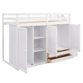 Functional Twin Size Loft Bed with 3 Shelves, 2 Wardrobes and 2 Drawers