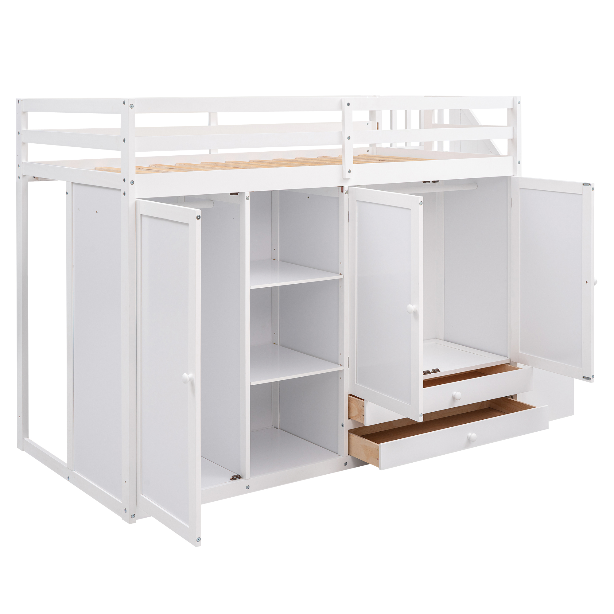 Functional Twin Size Loft Bed with 3 Shelves, 2 Wardrobes and 2 Drawers