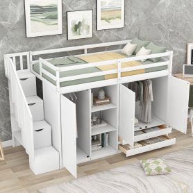Functional Twin Size Loft Bed with 3 Shelves, 2 Wardrobes and 2 Drawers
