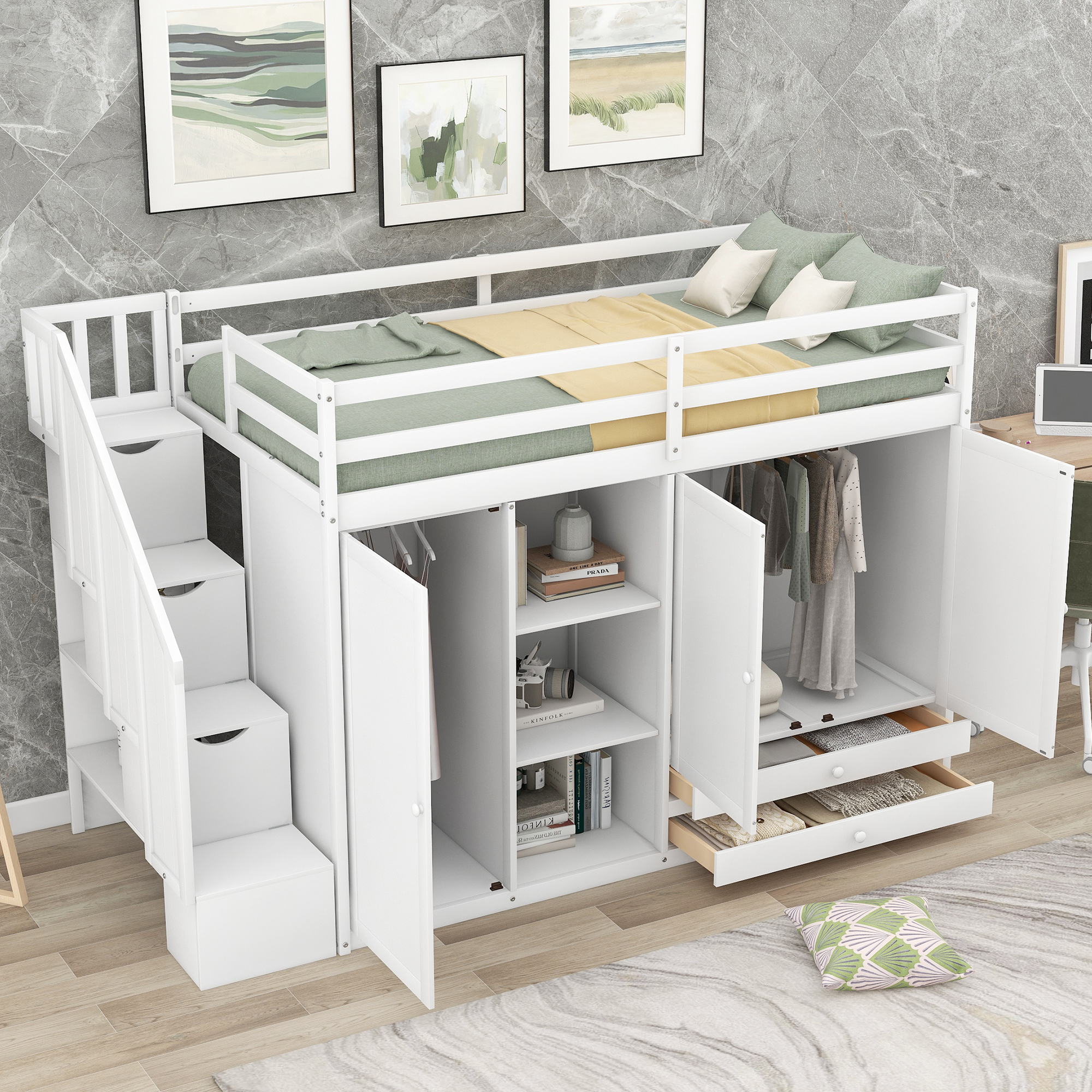 Functional Twin Size Loft Bed with 3 Shelves, 2 Wardrobes and 2 Drawers
