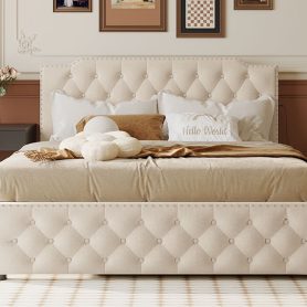 Queen Size Upholstered Platform Bed with Twin Size Trundle and 2 sets of USB Ports On Each Side, Linen Fabric