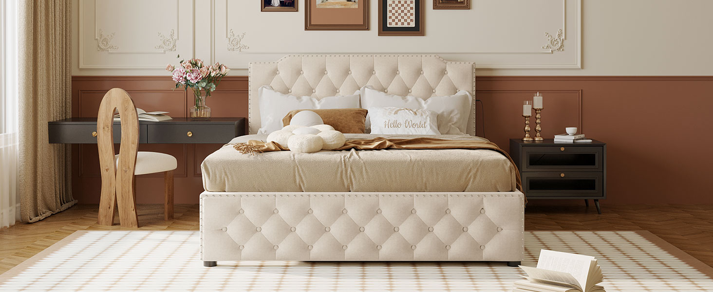 Queen Size Upholstered Platform Bed with Twin Size Trundle and 2 sets of USB Ports On Each Side, Linen Fabric
