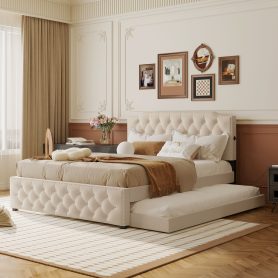 Queen Size Upholstered Platform Bed with Twin Size Trundle and 2 sets of USB Ports On Each Side, Linen Fabric