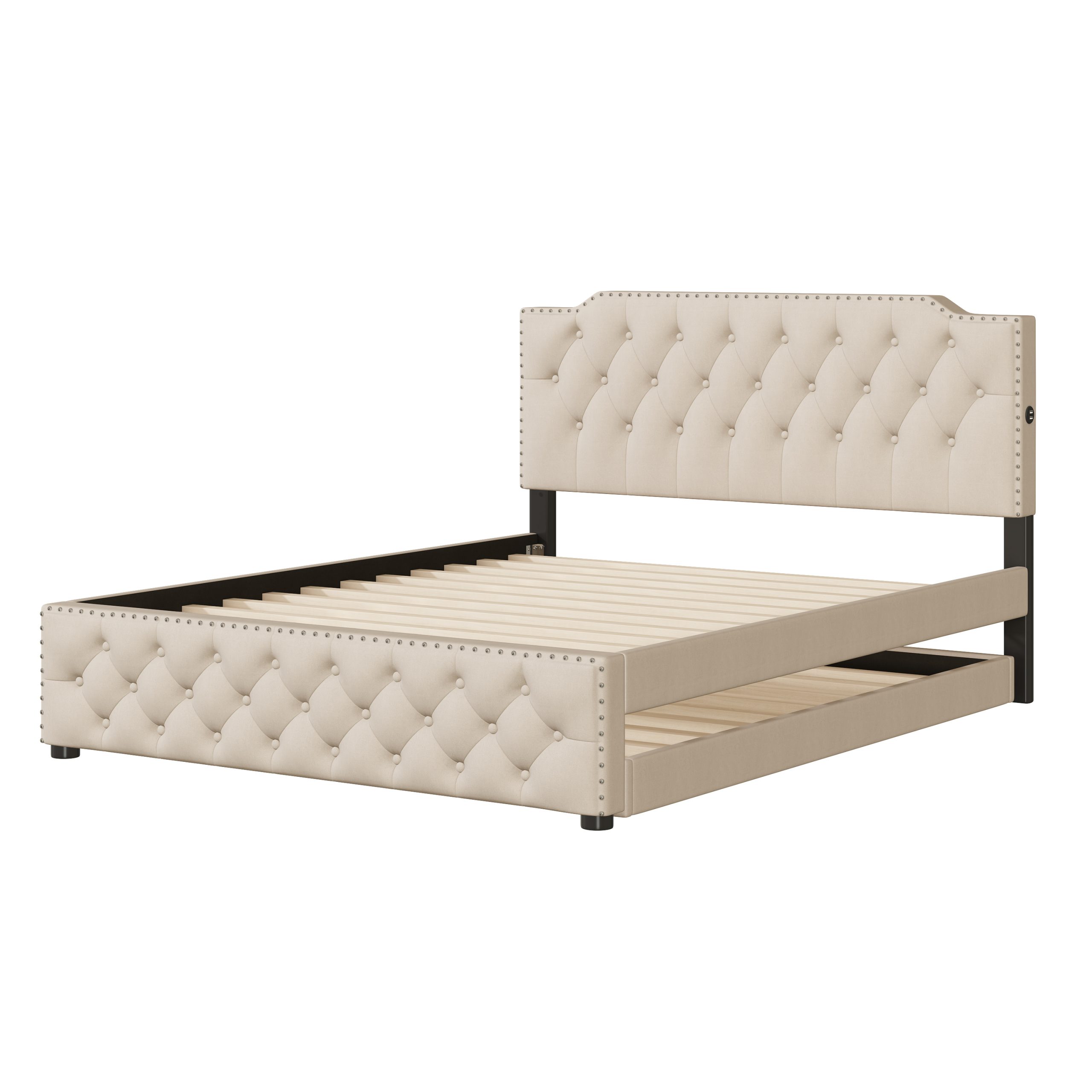 Queen Size Upholstered Platform Bed with Twin Size Trundle and 2 sets of USB Ports On Each Side, Linen Fabric