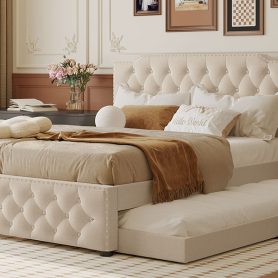 Queen Size Upholstered Platform Bed with Twin Size Trundle and 2 sets of USB Ports On Each Side, Linen Fabric