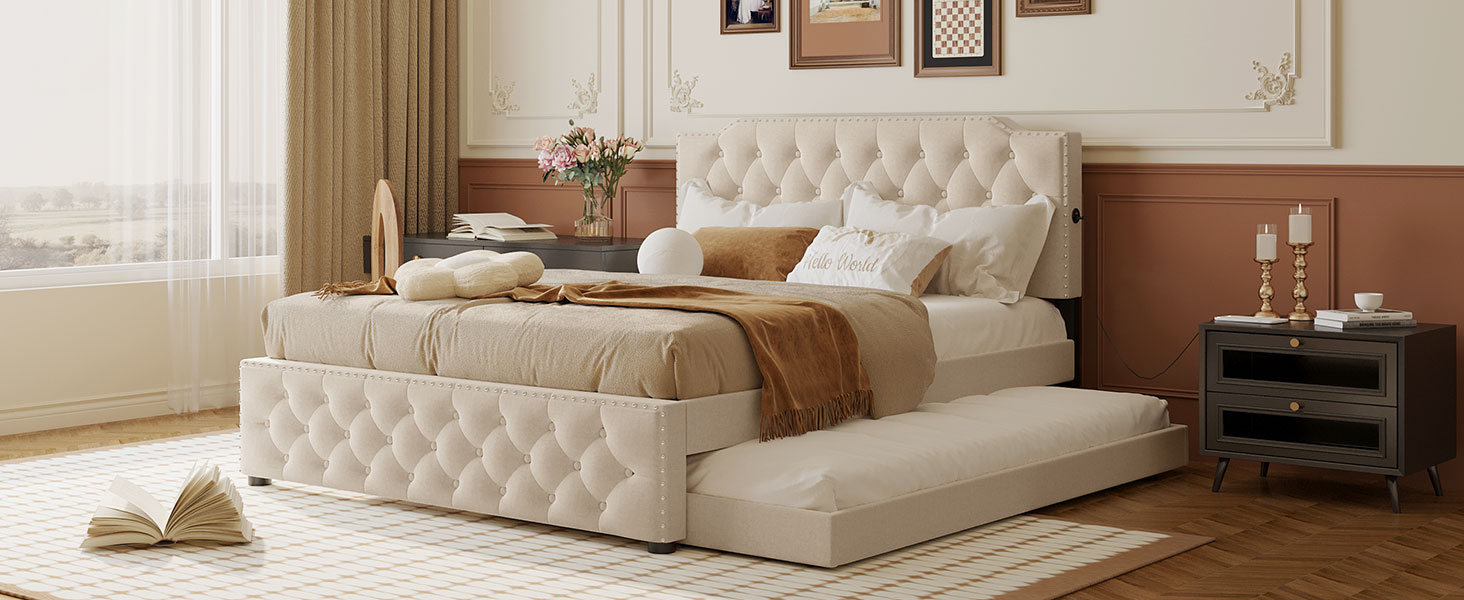 Queen Size Upholstered Platform Bed with Twin Size Trundle and 2 sets of USB Ports On Each Side, Linen Fabric