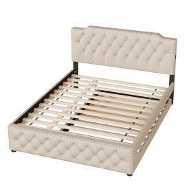 Queen Size Upholstered Platform Bed with Twin Size Trundle and 2 sets of USB Ports On Each Side, Linen Fabric