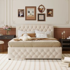 Queen Size Upholstered Platform Bed with Twin Size Trundle and 2 sets of USB Ports On Each Side, Linen Fabric
