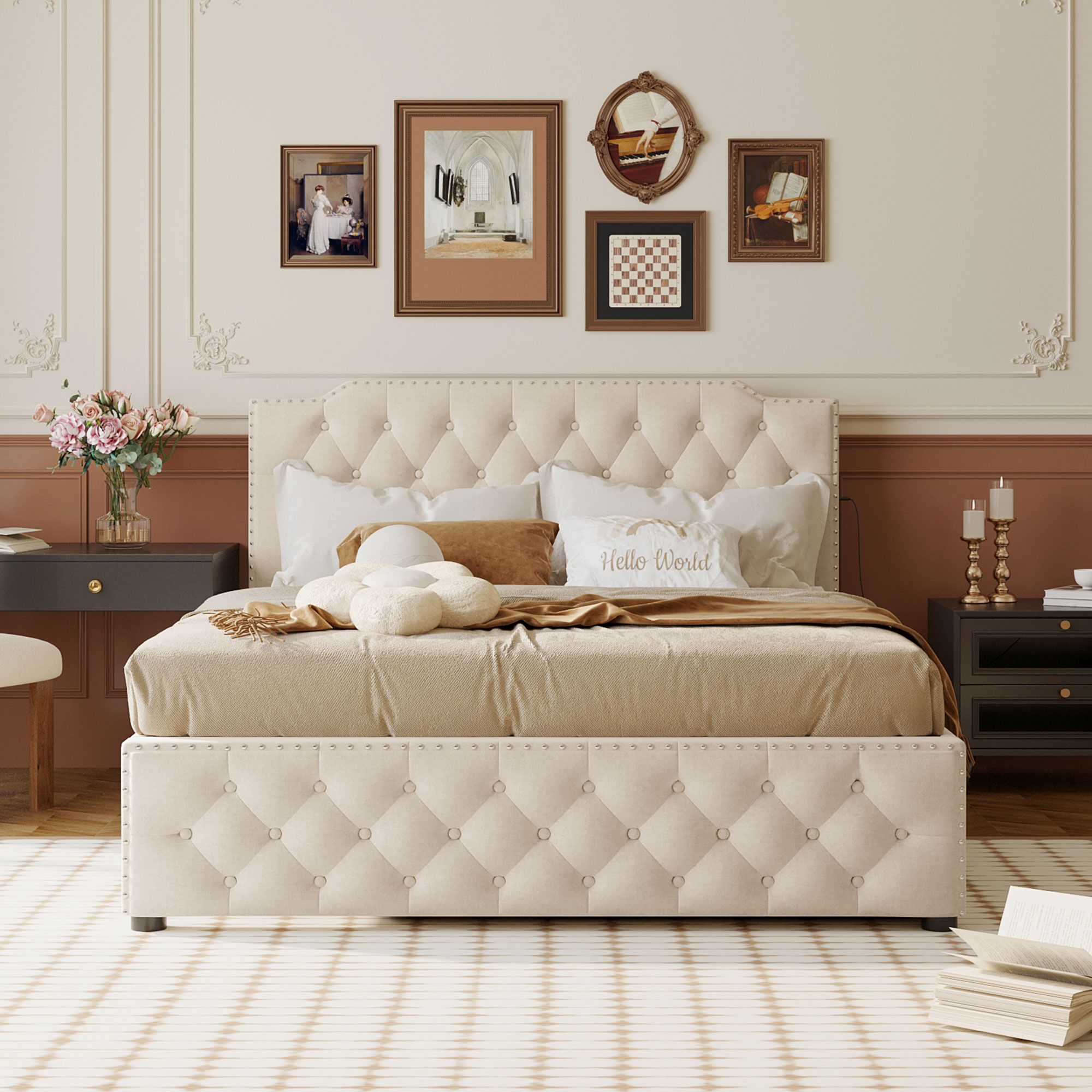 Queen Size Upholstered Platform Bed with Twin Size Trundle and 2 sets of USB Ports On Each Side, Linen Fabric