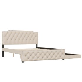Queen Size Upholstered Platform Bed with Twin Size Trundle and 2 sets of USB Ports On Each Side, Linen Fabric