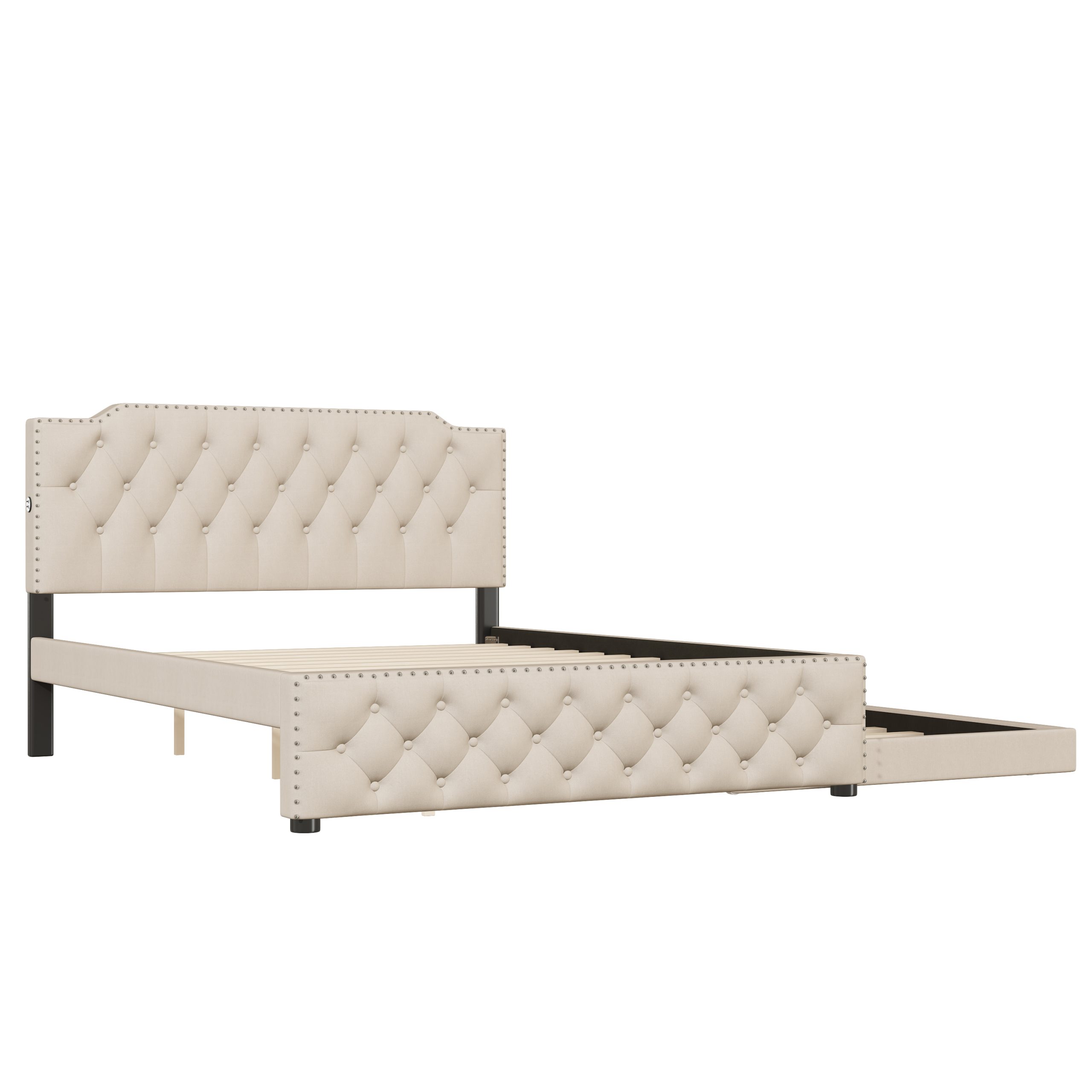 Queen Size Upholstered Platform Bed with Twin Size Trundle and 2 sets of USB Ports On Each Side, Linen Fabric