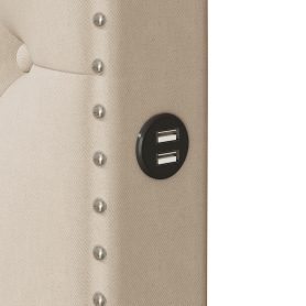 Queen Size Upholstered Platform Bed with Twin Size Trundle and 2 sets of USB Ports On Each Side, Linen Fabric