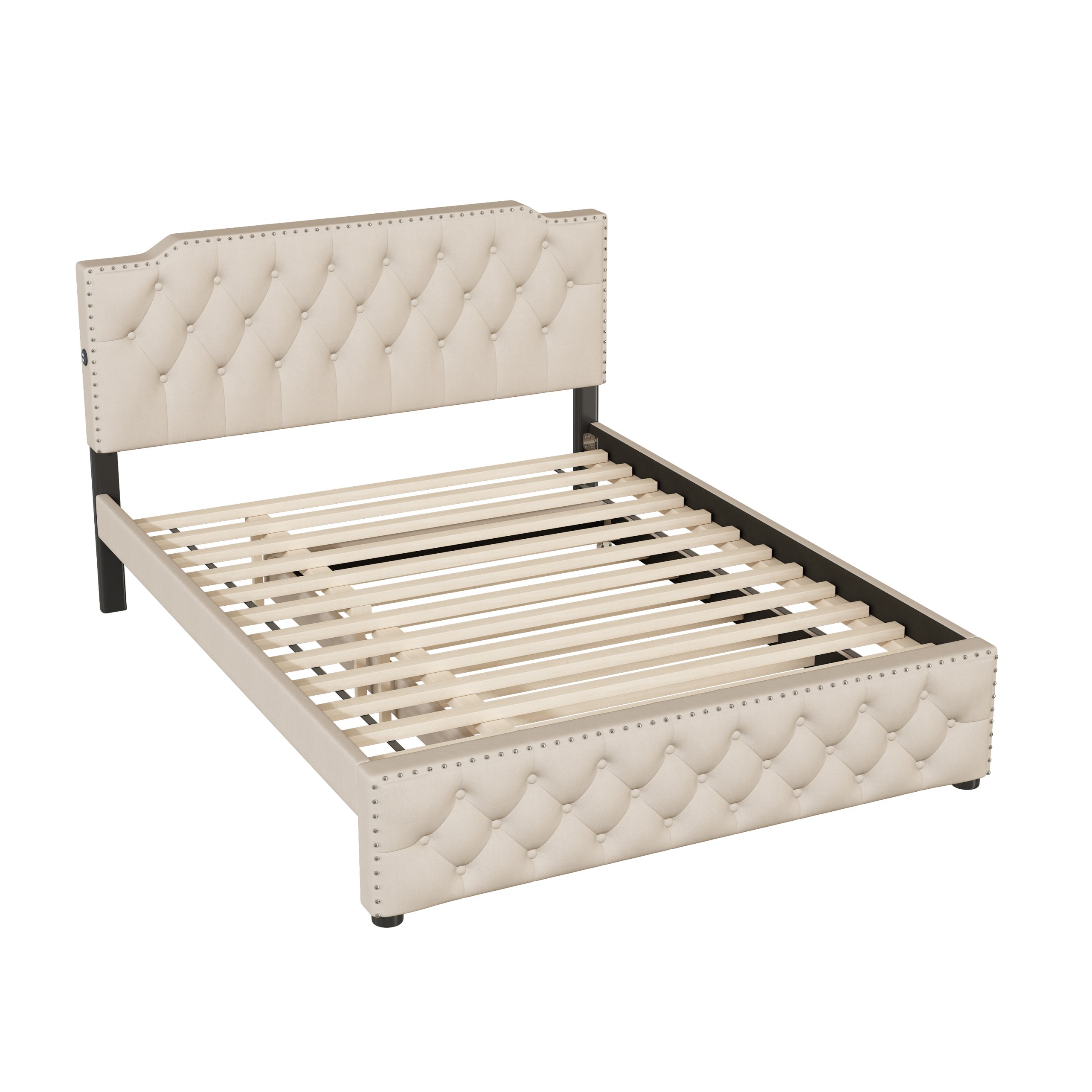Queen Size Upholstered Platform Bed with Twin Size Trundle and 2 sets of USB Ports On Each Side, Linen Fabric