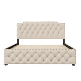 Queen Size Upholstered Platform Bed with Twin Size Trundle and 2 sets of USB Ports On Each Side, Linen Fabric