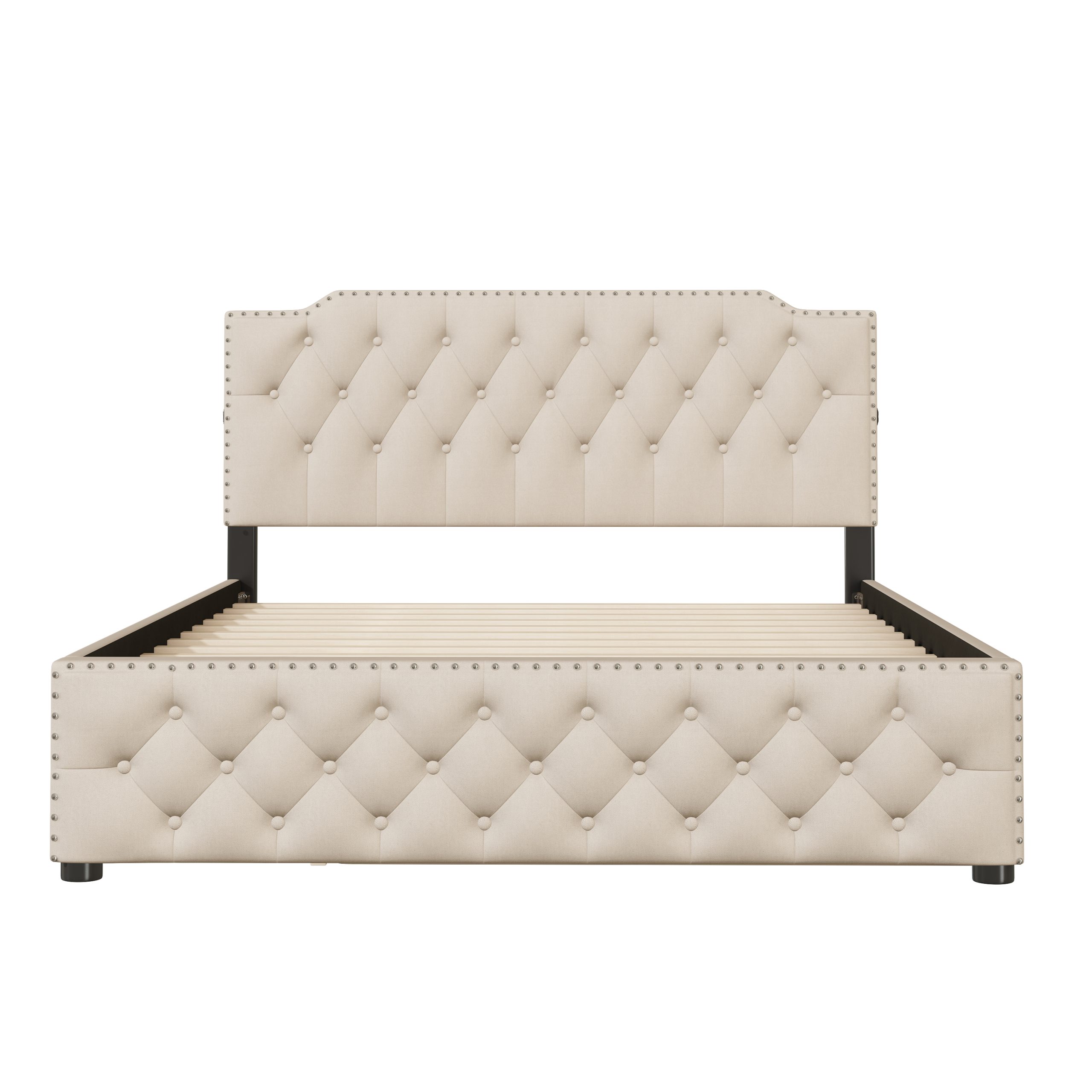 Queen Size Upholstered Platform Bed with Twin Size Trundle and 2 sets of USB Ports On Each Side, Linen Fabric