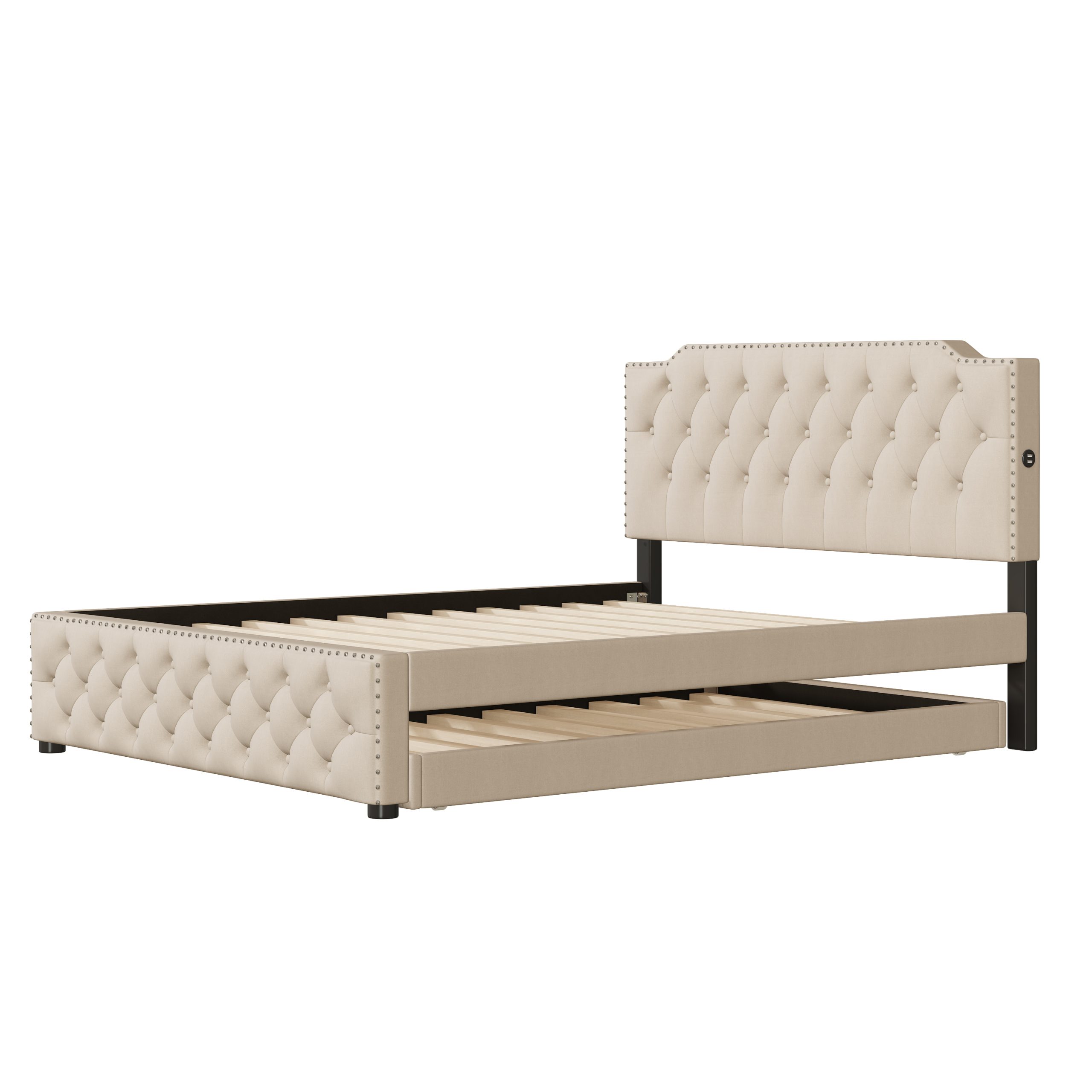 Queen Size Upholstered Platform Bed with Twin Size Trundle and 2 sets of USB Ports On Each Side, Linen Fabric