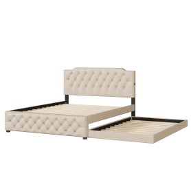 Queen Size Upholstered Platform Bed with Twin Size Trundle and 2 sets of USB Ports On Each Side, Linen Fabric