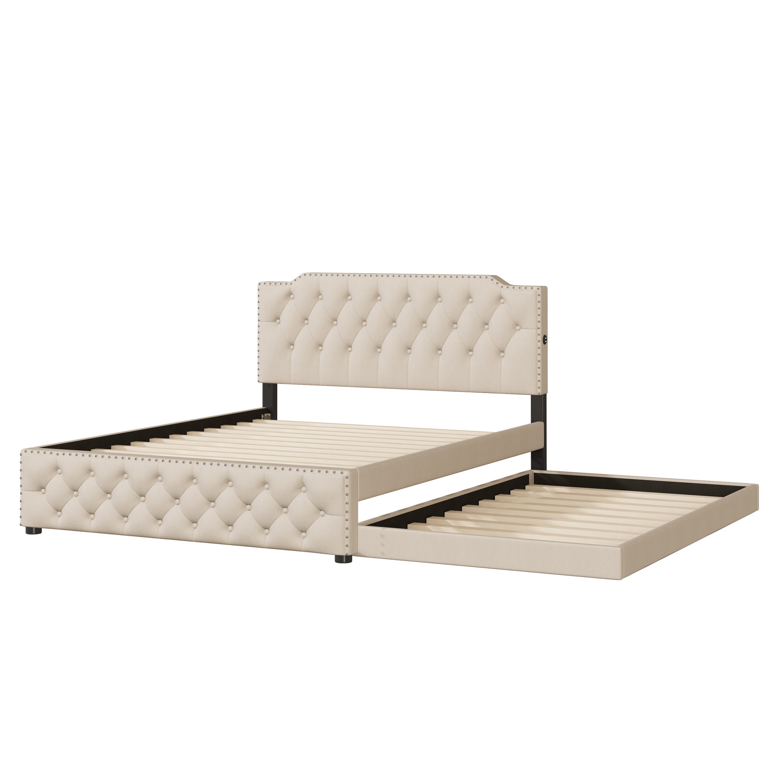 Queen Size Upholstered Platform Bed with Twin Size Trundle and 2 sets of USB Ports On Each Side, Linen Fabric