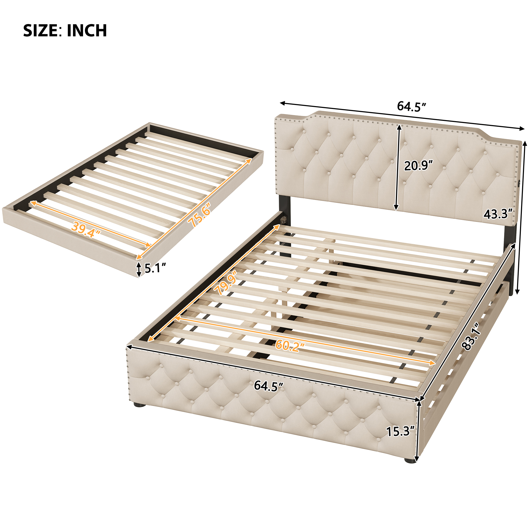 Queen Size Upholstered Platform Bed with Twin Size Trundle and 2 sets of USB Ports On Each Side, Linen Fabric